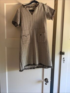 Spartina 449 Cream and Black Tweed Shift Dress with Fringe